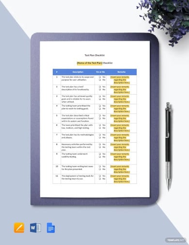 test plan checklist template