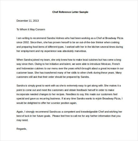 sample chef reference letter template word file download