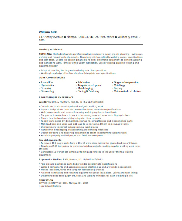 Welder Resume Template - 7+ Free Word, PDF Documents Download