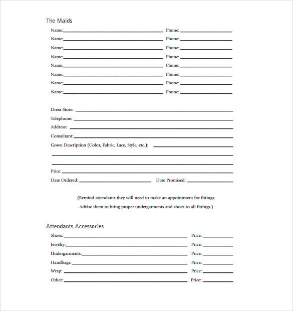 blank wedding planning worksheets template pdf download
