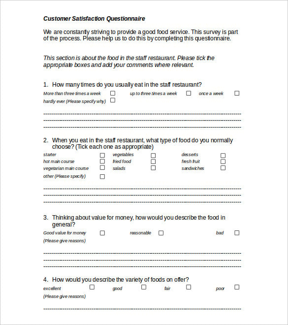 restaurent customer satisfaction survey template word format