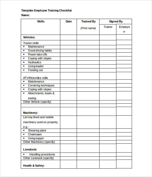 employee training checklist template word format download