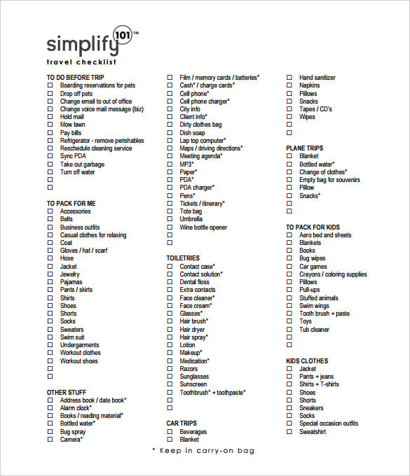 simplify travel checklist template printable pdf download