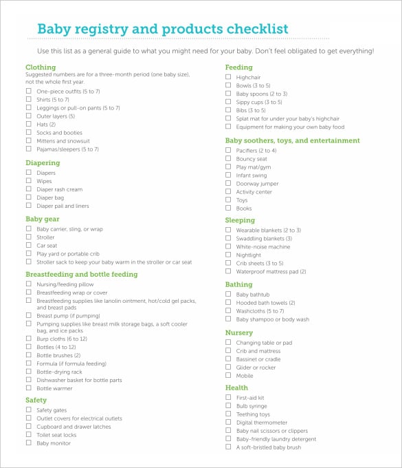 baby registry product checklist template free pdf