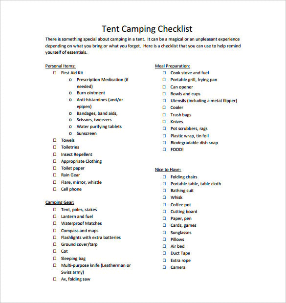 tent camping checklist pdf format free download