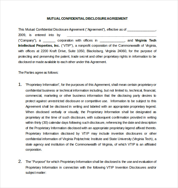 mutual confidential disclosure agreement word format download