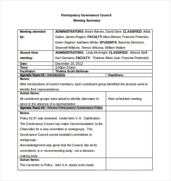 participatory governance council meeting minutes template word