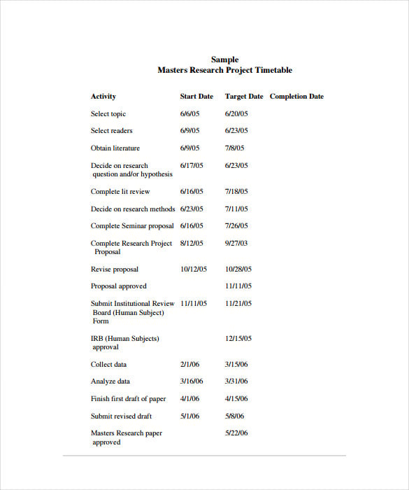 masters research project timetable pdf free download