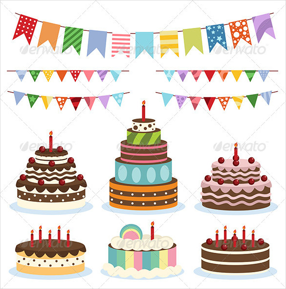 colorful birthday banners and cakes eps format