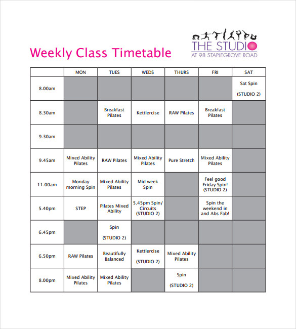 timetable chart for class