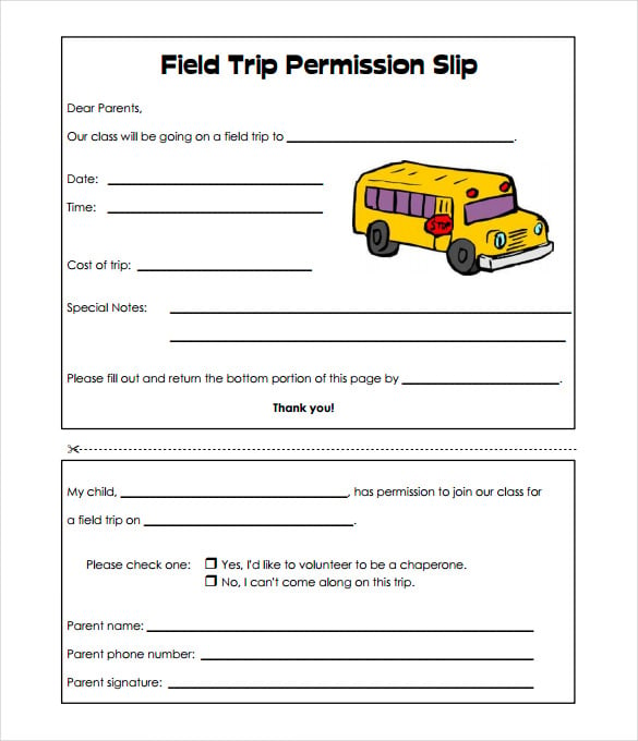 blank field trip permission slip template for school
