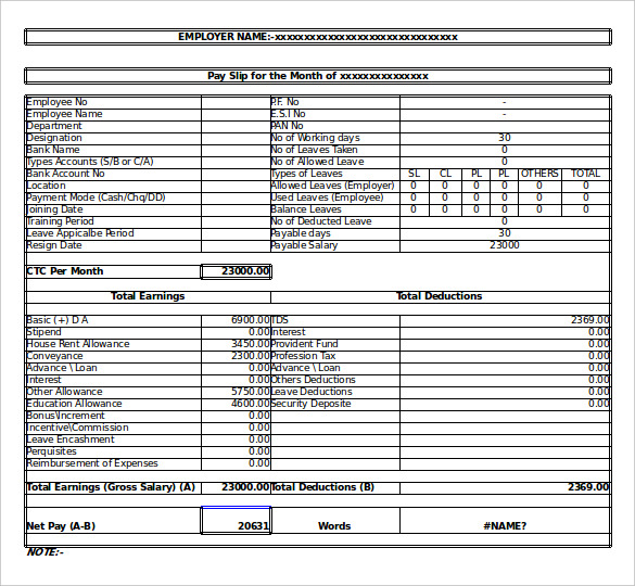 salary slip format in excel with formula in india