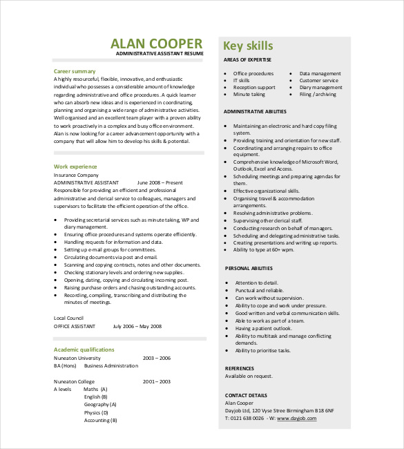 13+ Administrative Assistant Resume Templates - DOC, PDF, Excel | Free ...