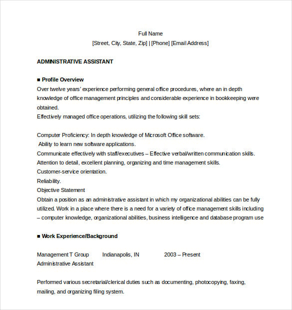 free resume for administrative assistant word download