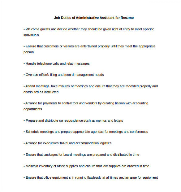 job duties of administrative assistant for resume word download