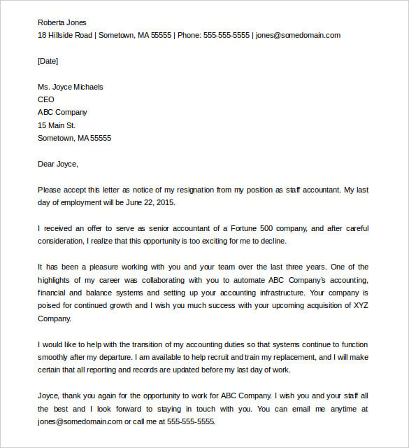 free download format of resignation letter from job
