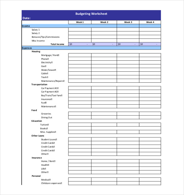 Printable Weekly Budget Template