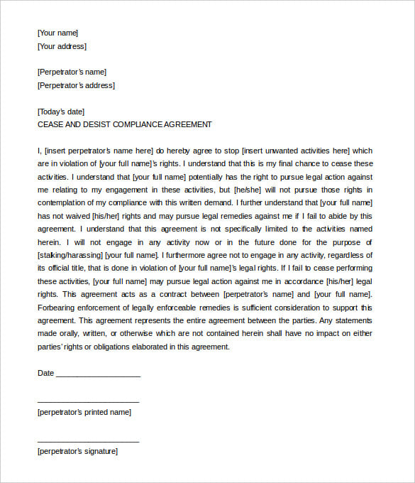 cease and desist letter compliance agreement ms word