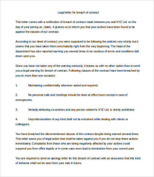 legal letter template for breach of contract printable doc