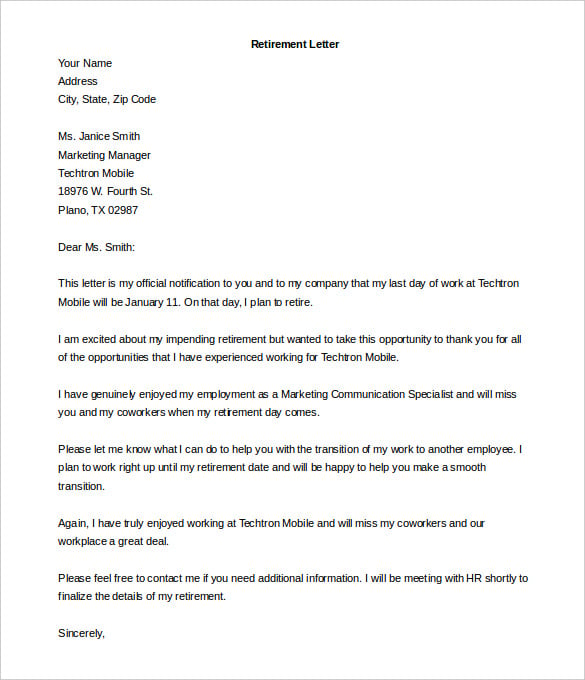 downoad retirement letters to employer ms word