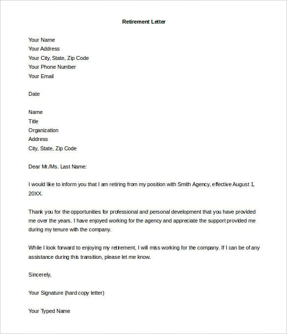 retirement notice letter to employer free word doc