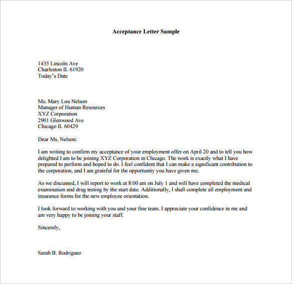 printable acceptance letter template pdf format