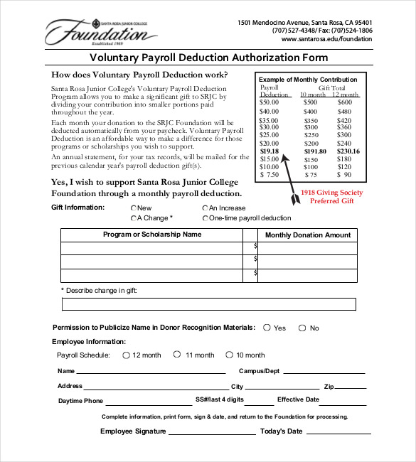 authorization for voluntary payroll deduction form
