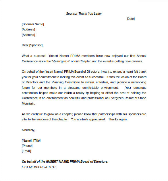 Thank you letter after sponsorship rejection