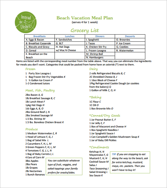 beach vacation meal planning free pdf template download