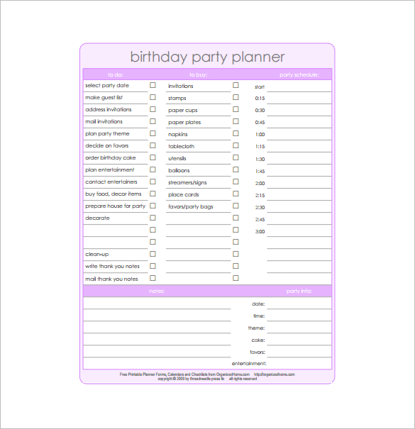 party planner worksheet