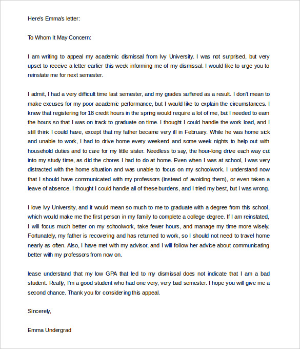 university appeal letter for dismissal word download