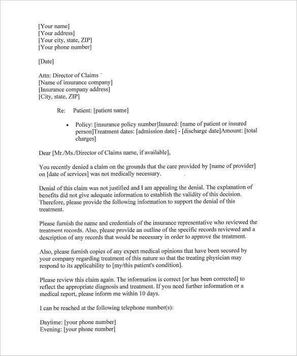 free health insurance appeal letter template pdf printable