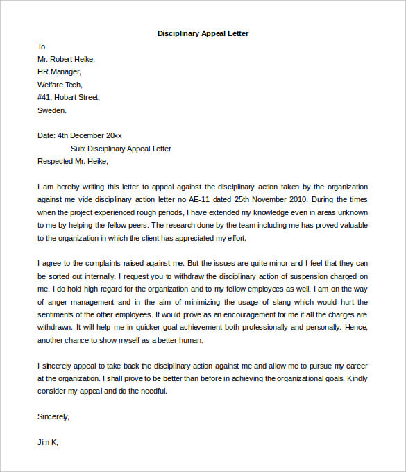 disciplinary appeal letter template free download word