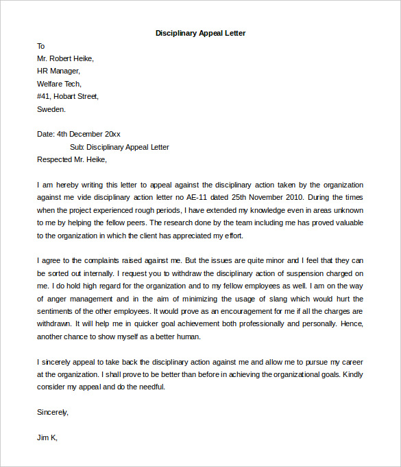 disciplinary-appeal-letter-template