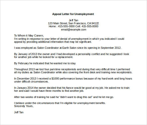 appeal letter template for unemployment ms word download