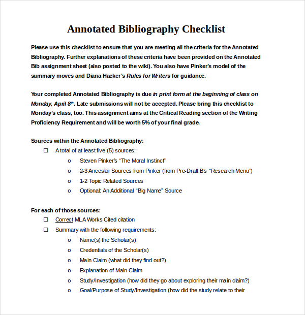 simple annotated bibliography checklist word document download