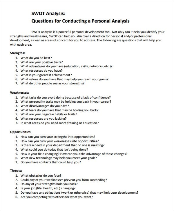 personal swot analysis test template