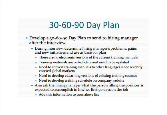 example of 306090 day business plan