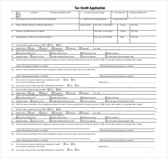 standard tax credit application form in pdf