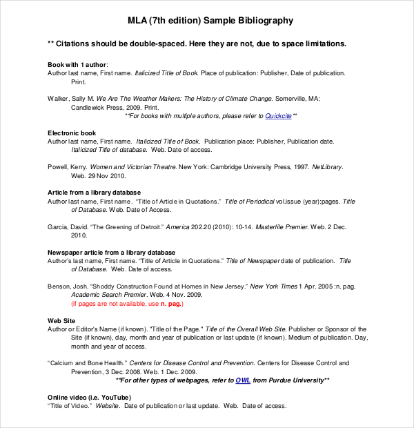 free sample mla bibliography 7th edition free download