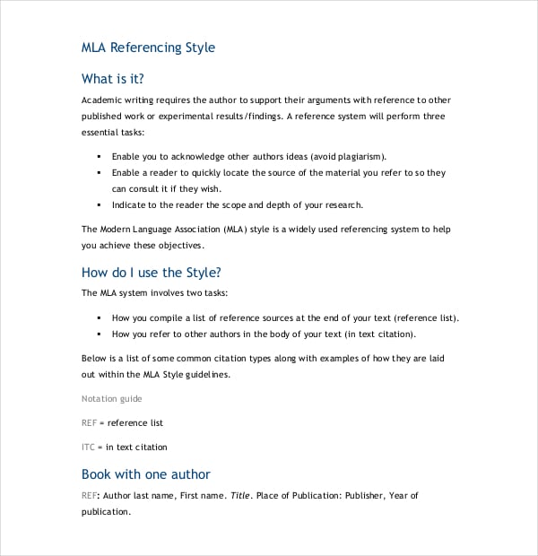 mla refernce style format download