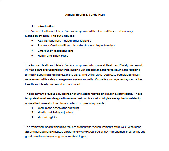 annual health safety plan free word template download