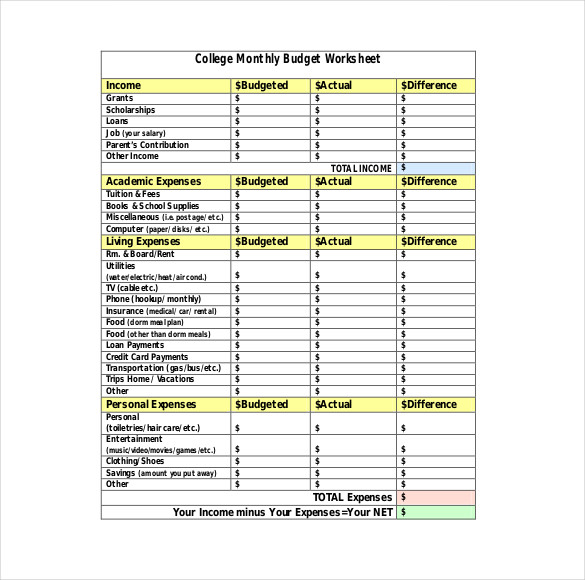 College Budget Template