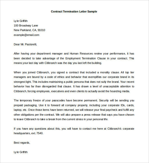 termination of contract letter template free word format