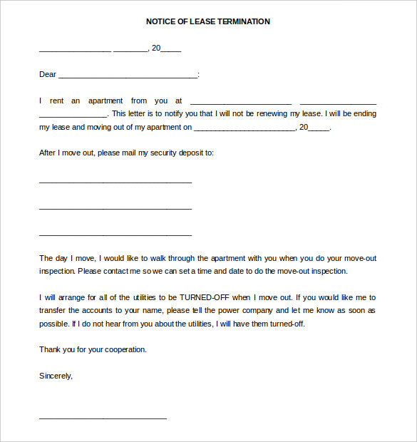 sample blank lease termination letter template editable word