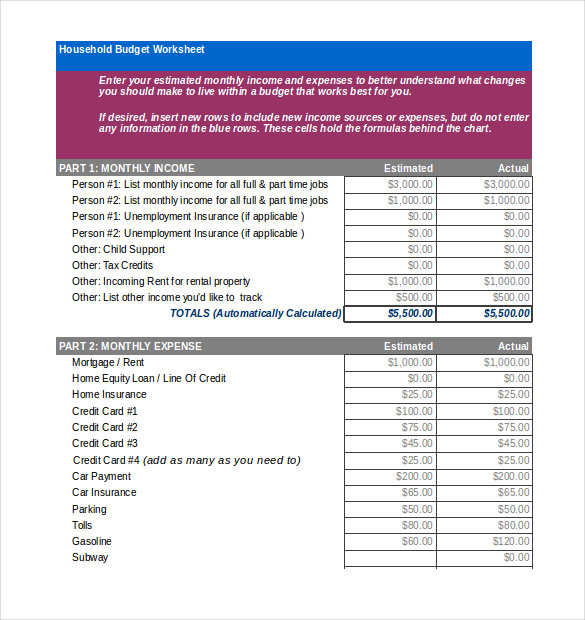 13+ Household Budget Templates - Free Sample, Example, Format Download ...