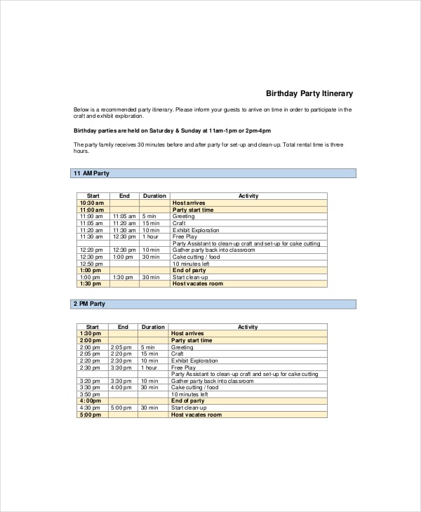 birthday party itinerary template