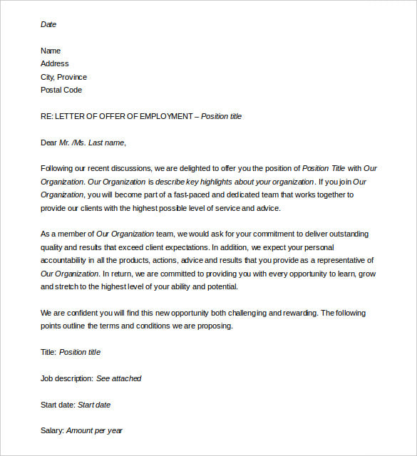 offer of employment letter template free word format