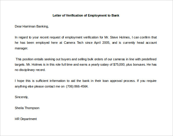 letter of employment template for bank sample free download