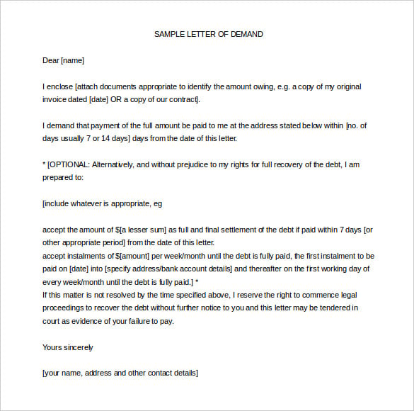 debt recovery letter of demand word format example